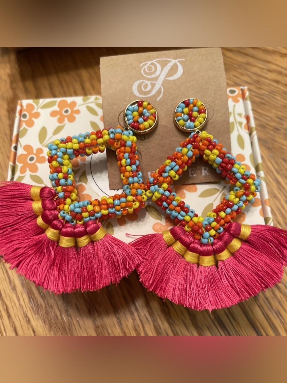 Plunder Multicolor Beaded Square Tassel Earrings with Pink Fringe